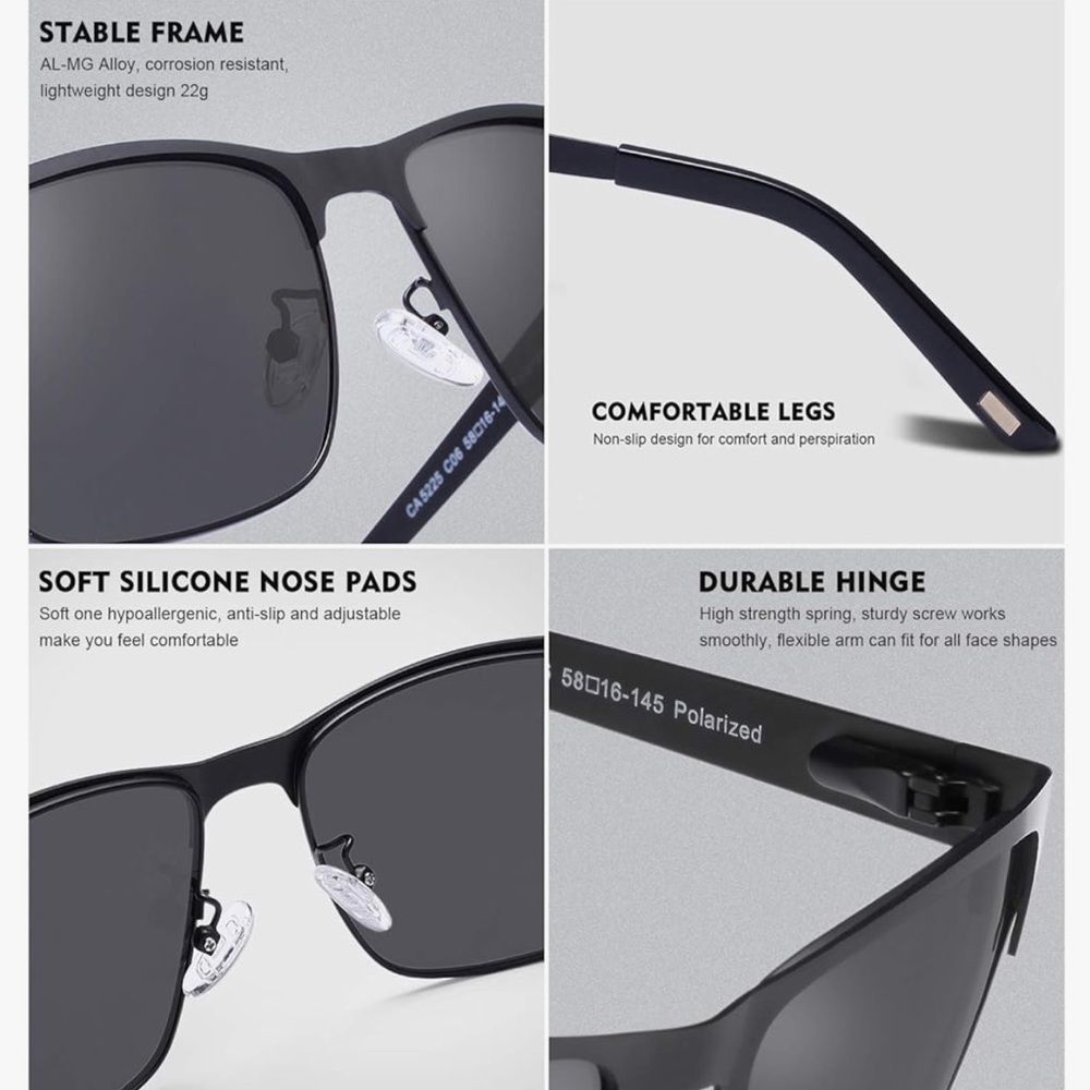 CARFIA Metal Men’s Polarized Sunglasses UV400 Protection Matte Black - Picture 5 of 8